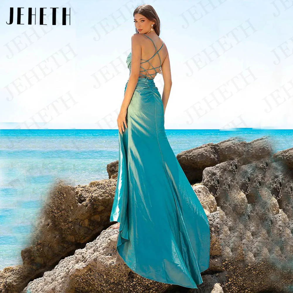 JEHETH Blue Backless Mermaid Evening Dress Sexy Satin Beading High Split Prom Spaghetti Straps Party Pleats Vestidos De Noche