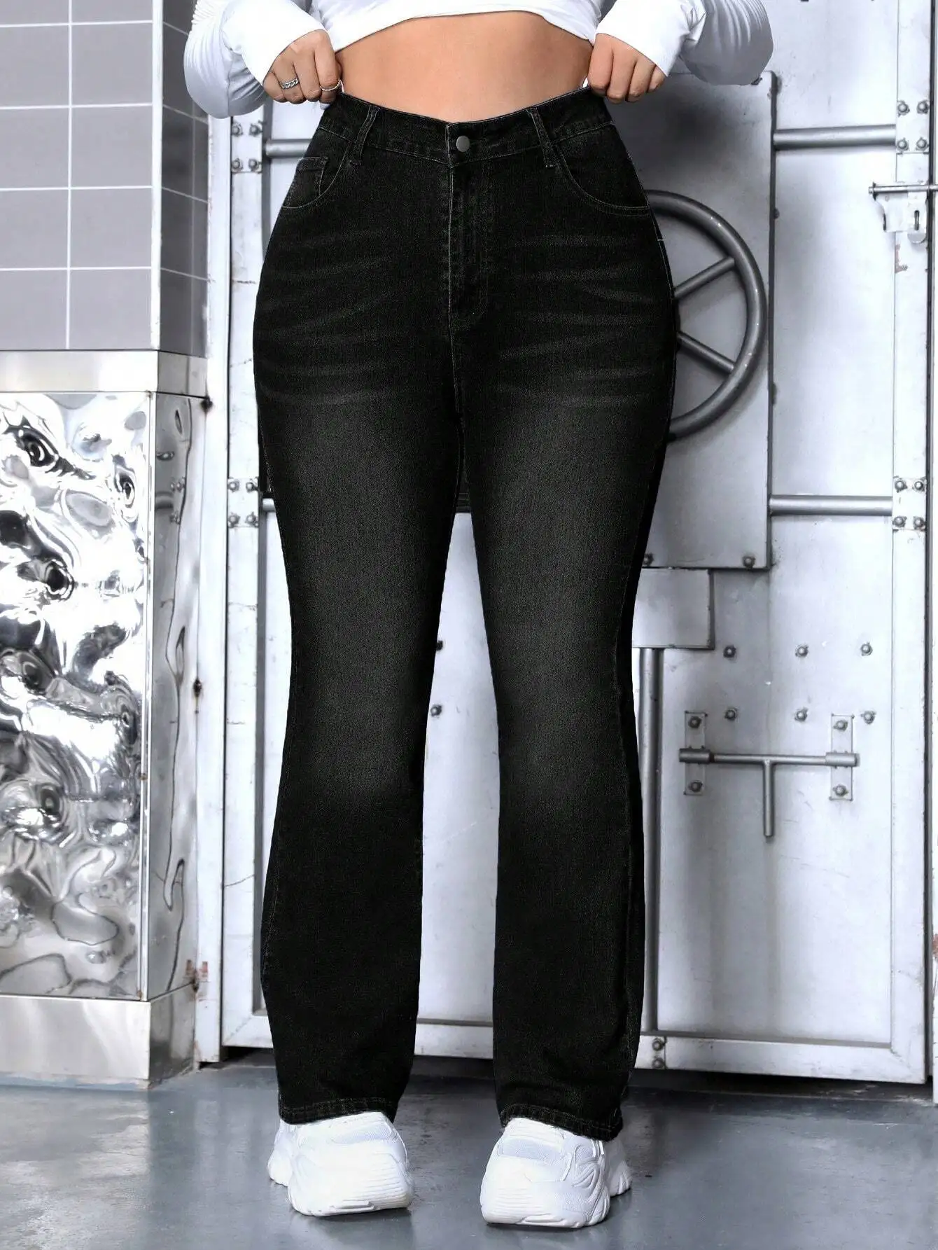 

Джинсы-клеш больших размеров с высокой талией и карманами, из потертого денима, для повседневной носки