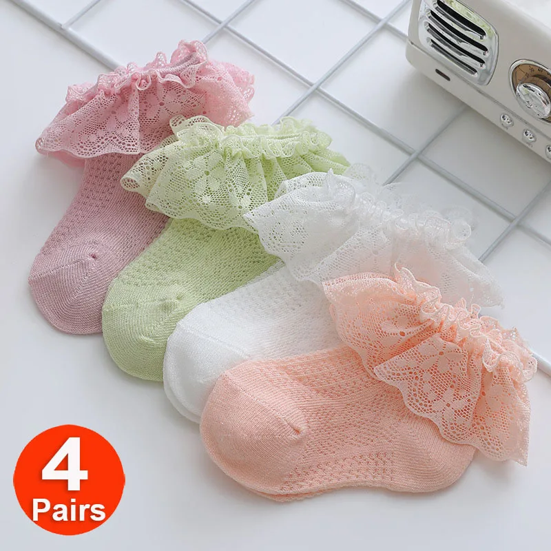 

4Pairs Baby Girls Lace Ruffle Frilly Princess Pure Cotton Ankle Socks Set Infant Newborn Kids School Party Socks Summer