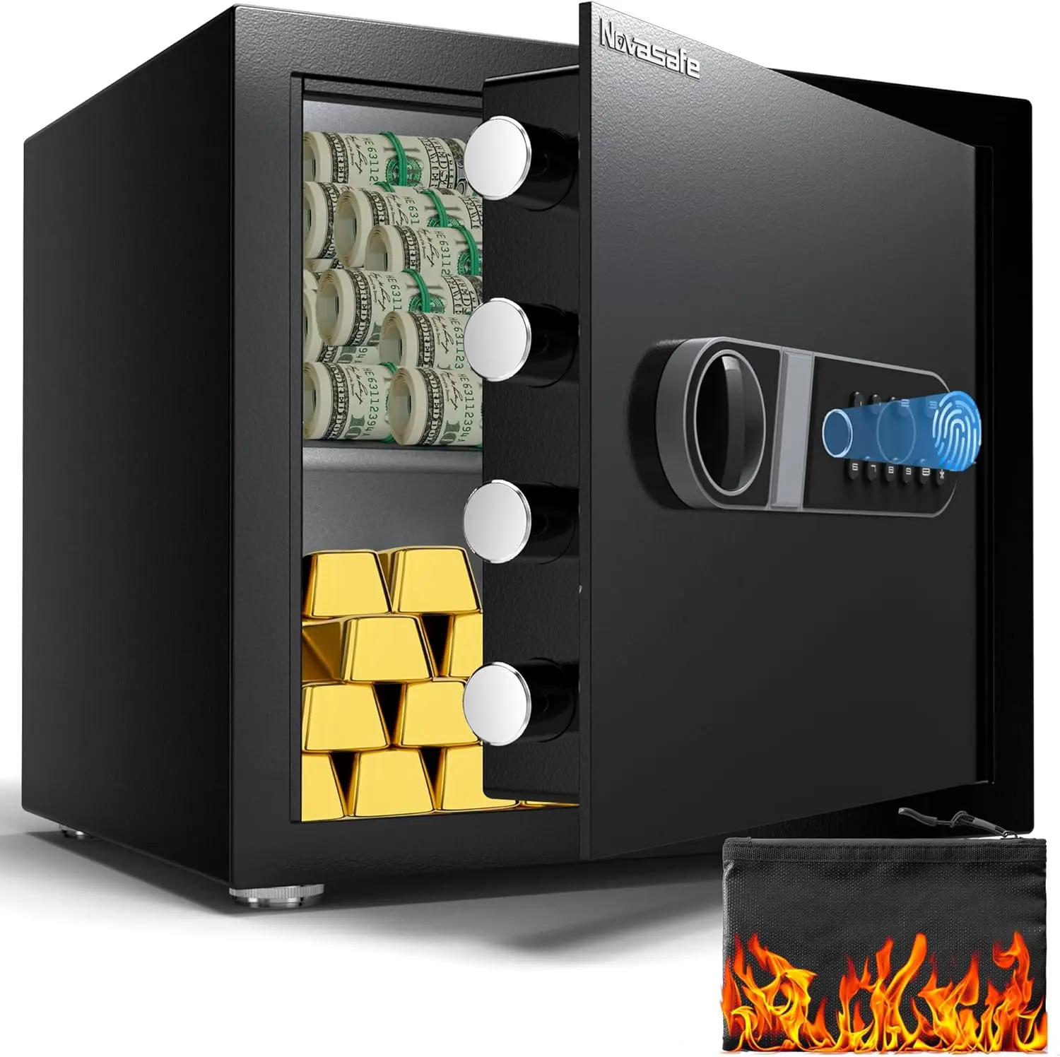Biometric Safe, Fingerprint Home Safe Box with Fireproof Waterproof Bag & Key, 1.4 Cu ft Security Money Safe for Cash, Jewelry,