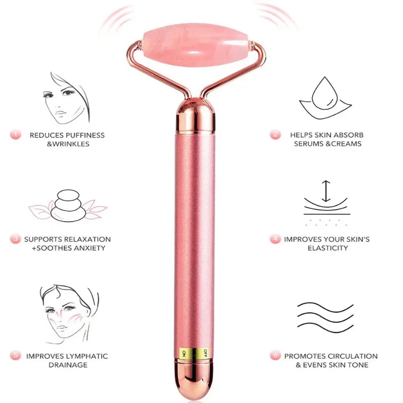 Elétrica Face Massageador e Beleza Bar, 3D Vibração Rose Quartz, Face Lifting, Body Facial Gua Sha, Jade Roller, 24K Ouro, 3 em 1