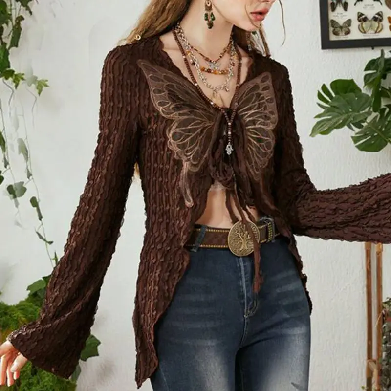 

European and American Spicy Girl Brown Butterfly Tie Top for Women's Outwear Instagram Versatile Millennium Retro T-shirt Trend