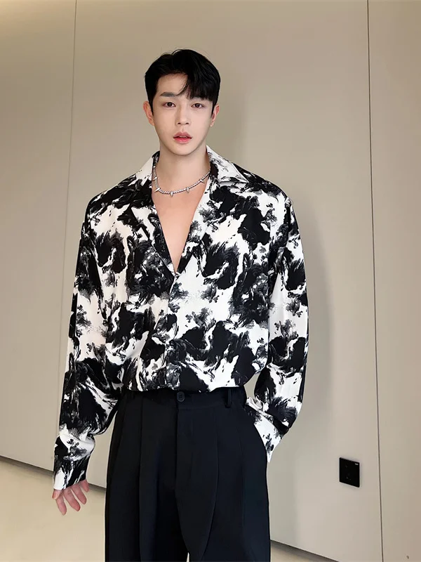 

Men's Long Sve irt Summer Water-Media Print Stand Fit Youth Faion Printed Fabric No-Iron Treaent Color-Woven Cloth