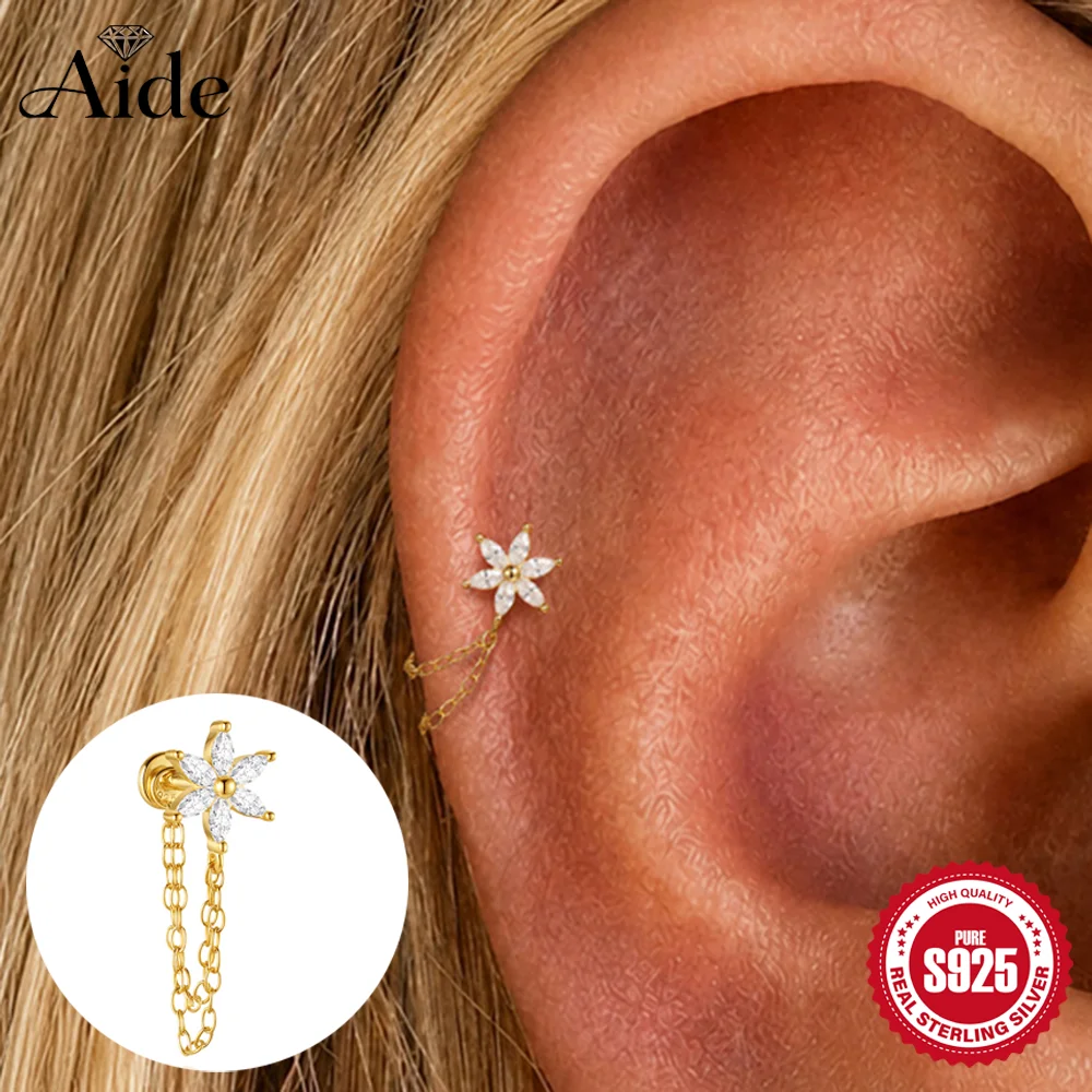 AIDE 925 Sterling Silver 16G Flower CZ Chain Tassel For Women Cartilage Helix Flat Back Piercing Earring,Conch Chain Earrings