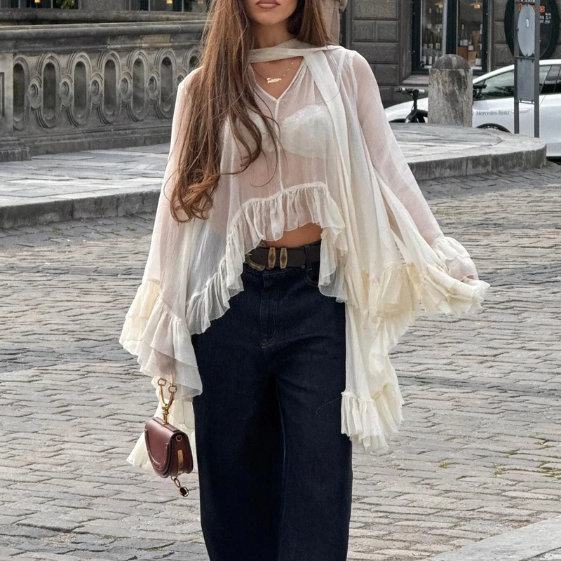 Women's Sheer See-through Cape Tops Irregular Ruffled Hem Long Sleeve V-Neck Loose Lightweight Blouse with Neck Scarf