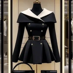 Elegant Black Jacket Women Autumn Outfits Korean Fashion Outerwear Mid Length Coats Frecnh Office Lady Overcoats Female Chic Y2k
