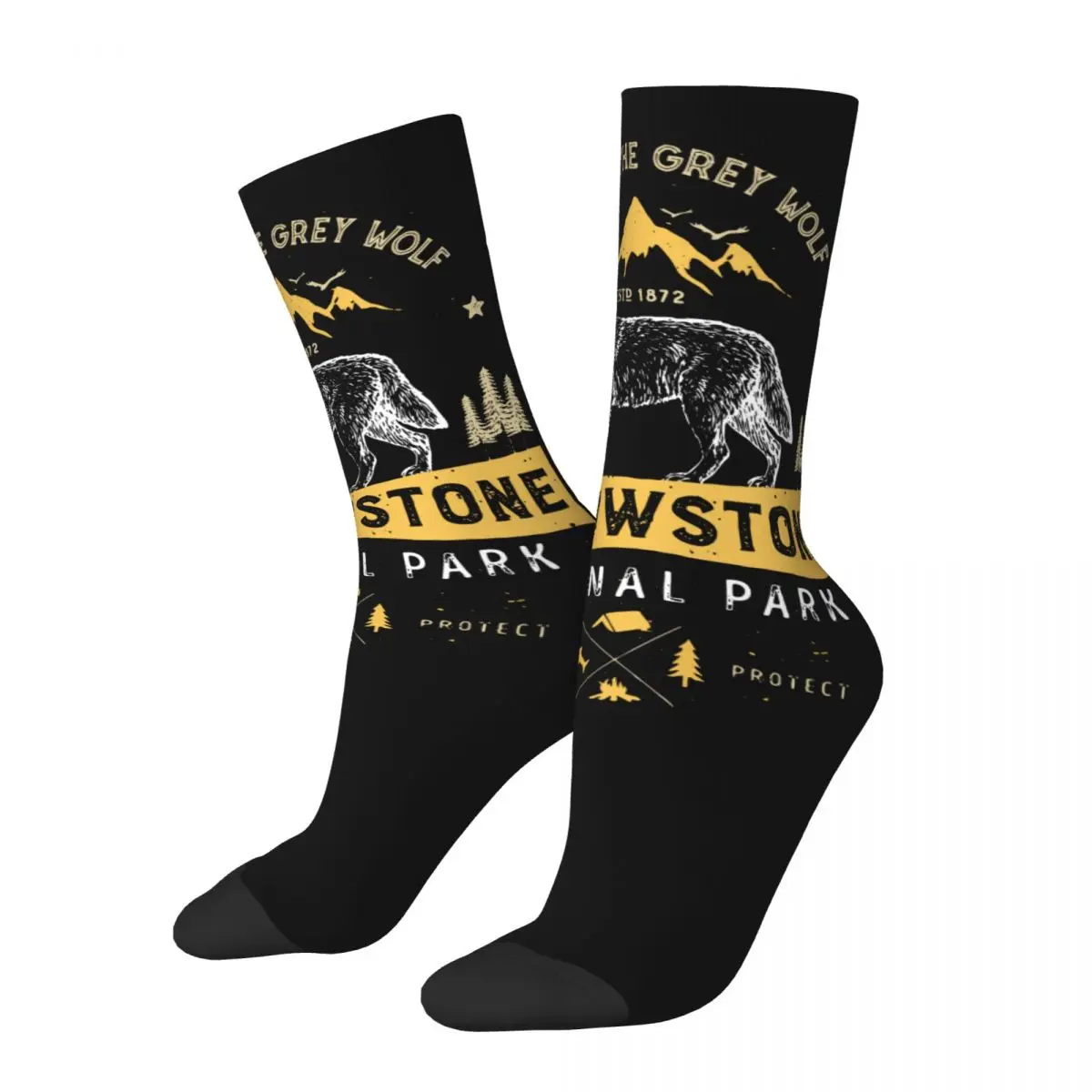 Winter Warm Harajuku Women Men Yellowstone National Park Grey Wolf Vintage Gifts Socks Non-slip Crew Socks