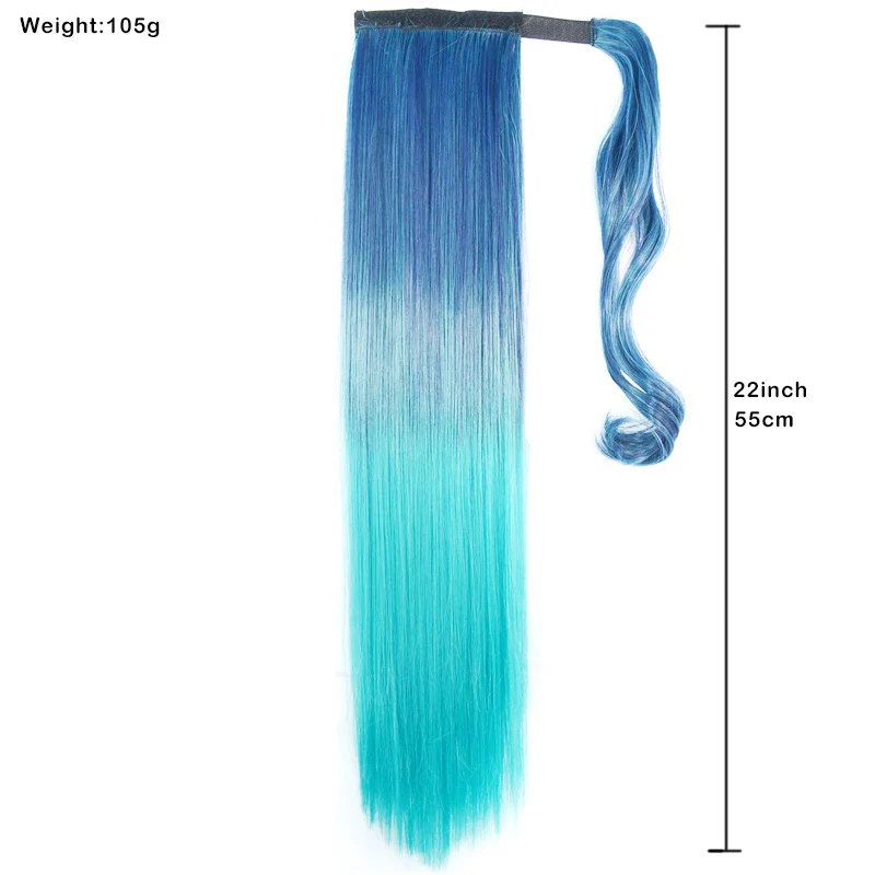 Ponytails Hair Wrap Around Ponytail Extension 22Inch Long Straight Hair Colorful Green Ombre Synthetic Hairpiece Easy to Wear