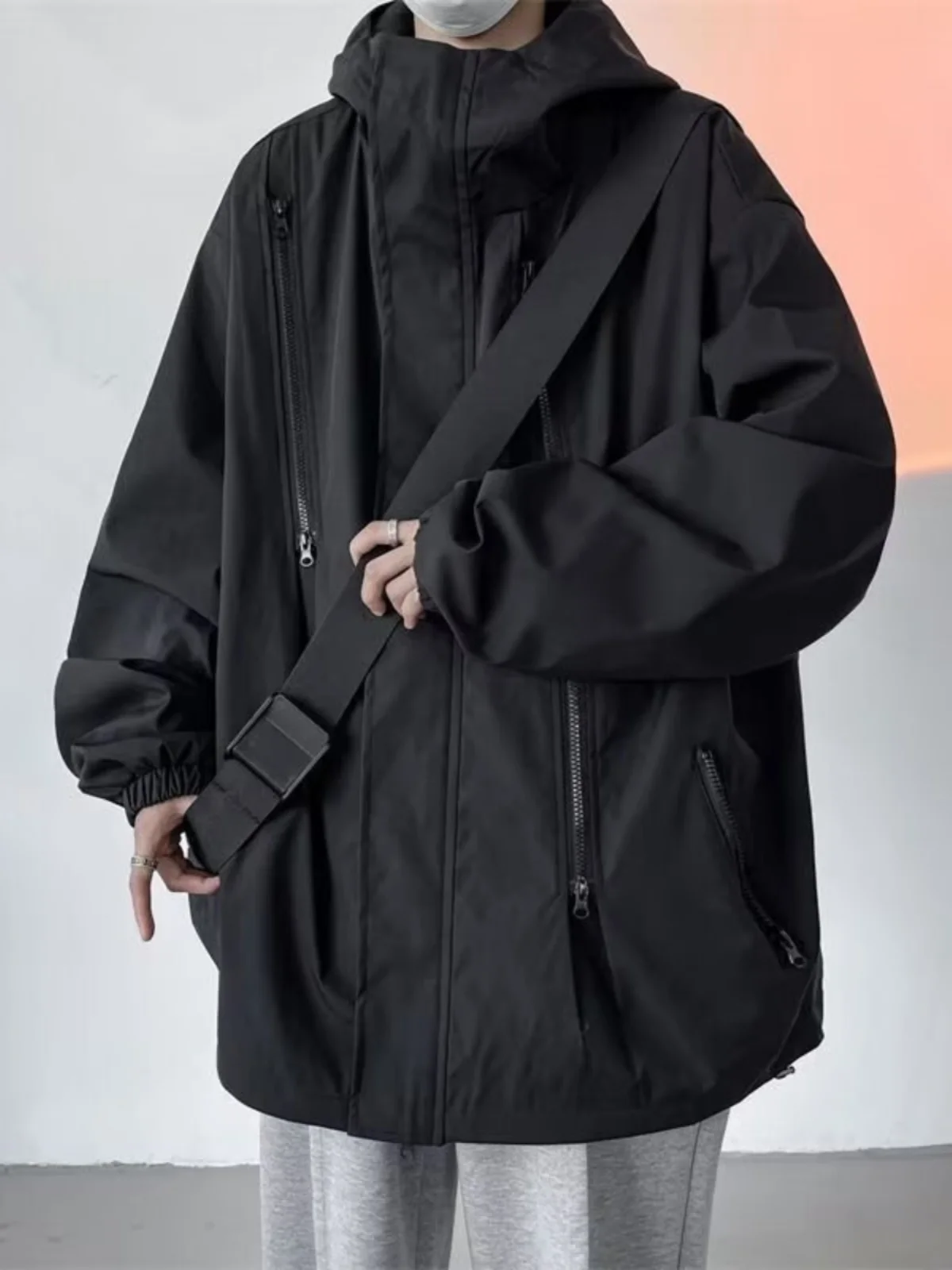 

Casual American High Street Windproof Jaet Hooded Zipper Loose Fit Spring Autumn ex Ox Cloth Youth Faion