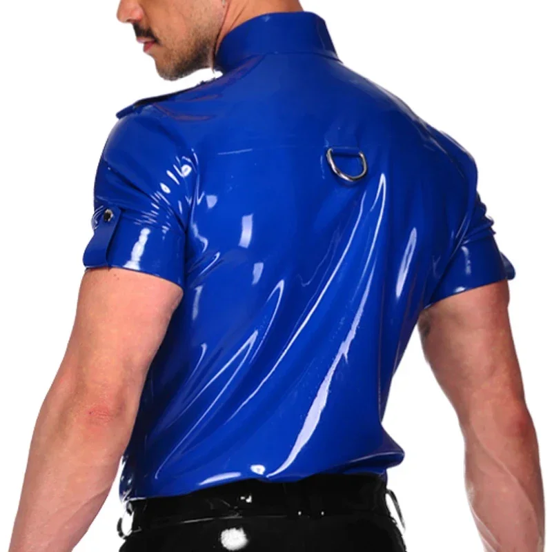 Blue Sexy Latex Shirt with Buttons At Front Turn Down Collar Short Sleeves D Rings Rubber for Men Handmade