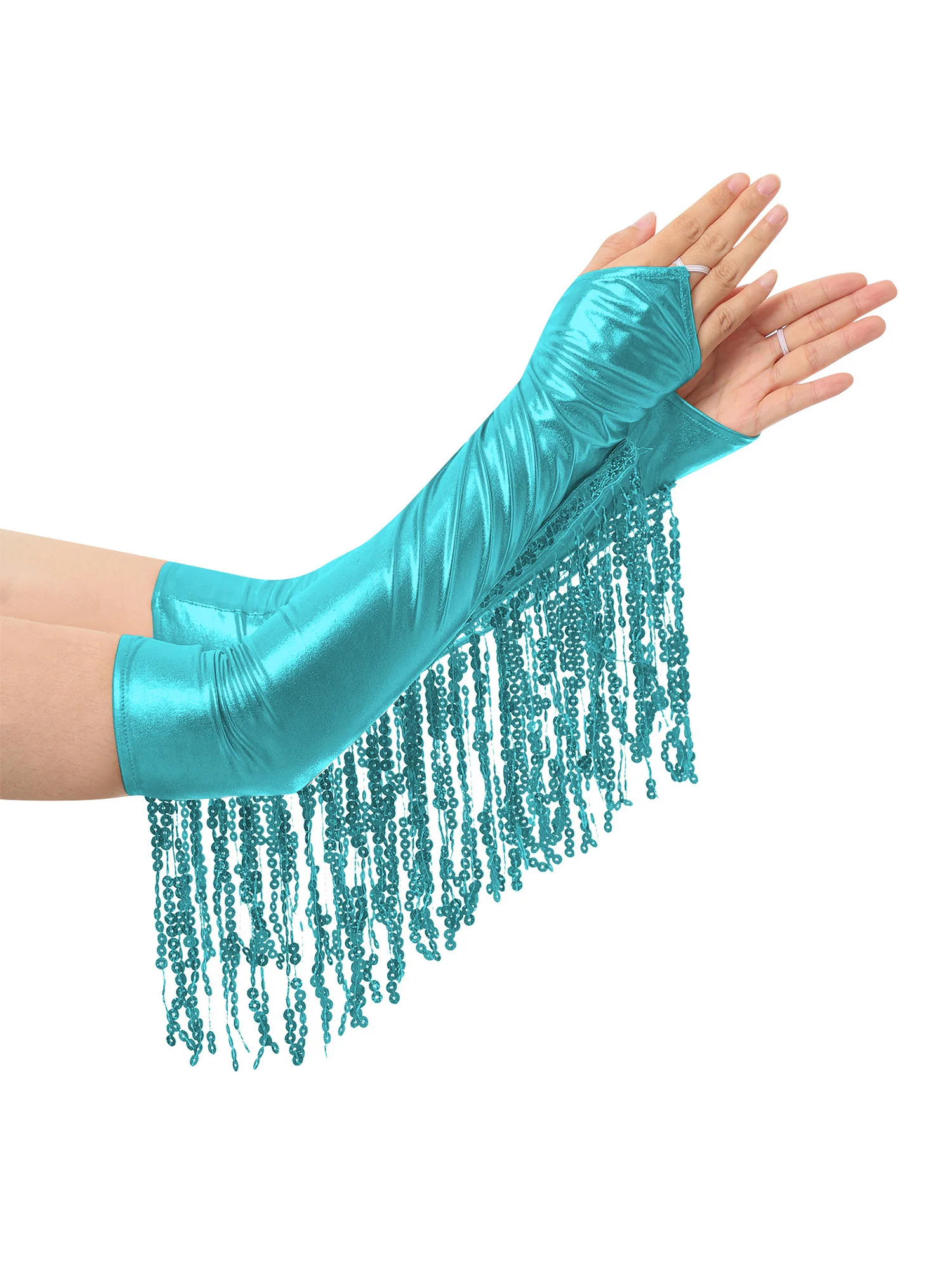 Gants de fête brillants pour femmes, longueur coude, longs pompons, paillettes métalliques, mitaines sans doigts, accessoires de Performance sur scène