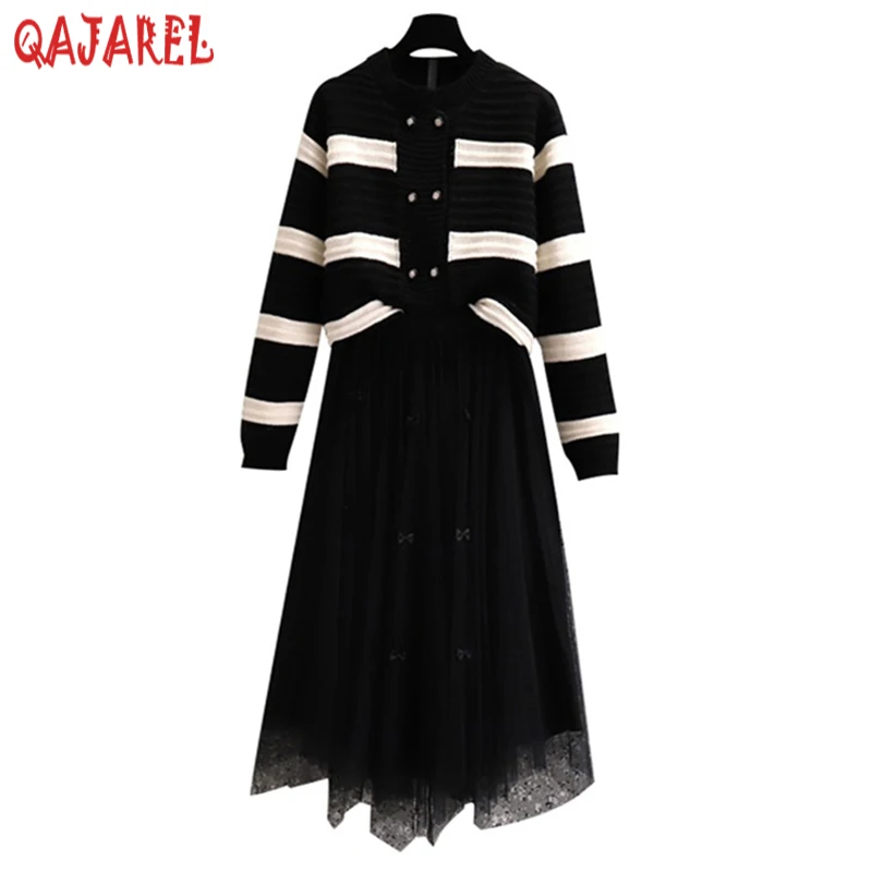 

Women Autumn Winter Black Striped Cardigan+Black Bow Mesh Half Lenth Skirt Two Piece Sets 2023 Korean Vintage Hepburn Dress Sets