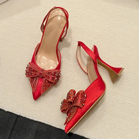 Liyke mode paillettes cristal nœud papillon femmes pompes Sexy bout pointu rouge talons hauts chaussures de Banquet de mariage dames Slingback sandale