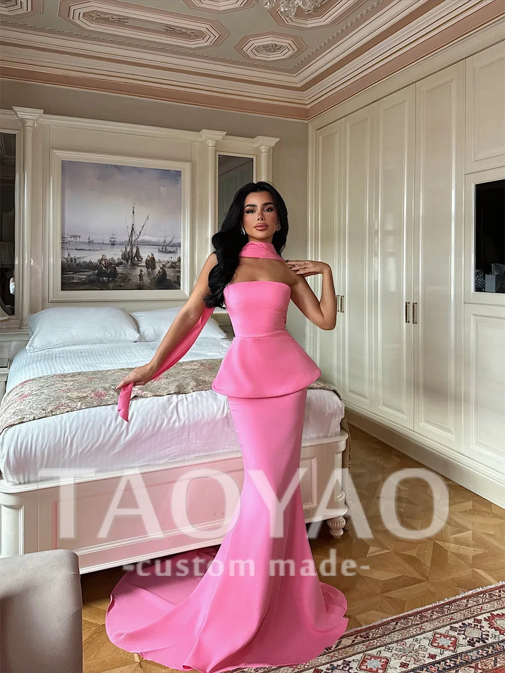 Elegante roze boothals avondjurken off-shoulder zeemeermin feestjurken op maat gemaakte beroemdheidsjurken luxe galajurk 2025