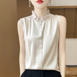 25 Summer New Women's Solid Color Button Mushroom Edge Collar Sleeveless Shirt Lazy Retro Fashion Silk Top Knitted Bottom Shir