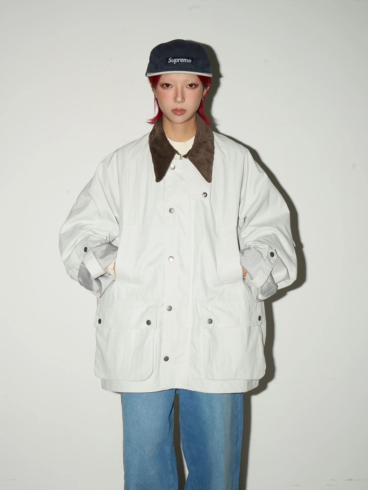 

MICHINNYON American Retro Workwear Jaet Loose Fit with Multiple kets Men's Corduroy Collar Outerwear for ex