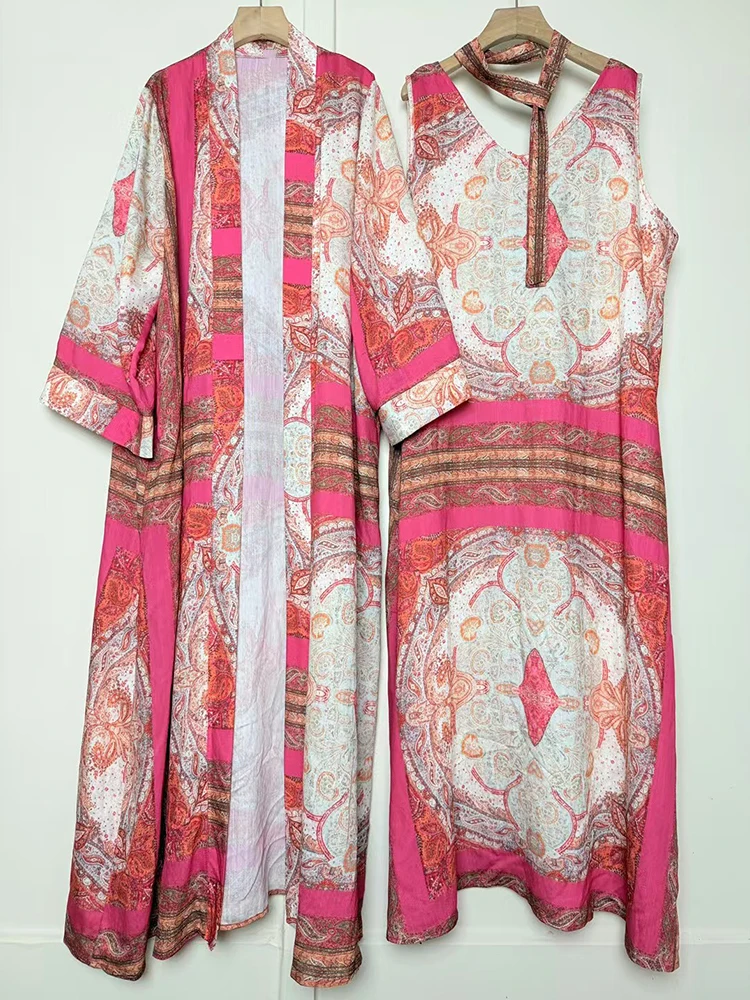 Retro geometric print long cardigan jacket two-piece set for 2025 autumn women's wear + loose sleeveless vest dress fashion set