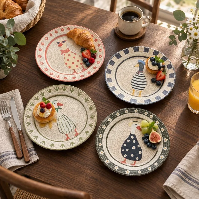 Cute Cartoon Duck Ceramic Plate Vintage Crackle Glaze Dinner Plate, Dessert Salad Plate, Home Kitchen Table Decorative Dish Gift