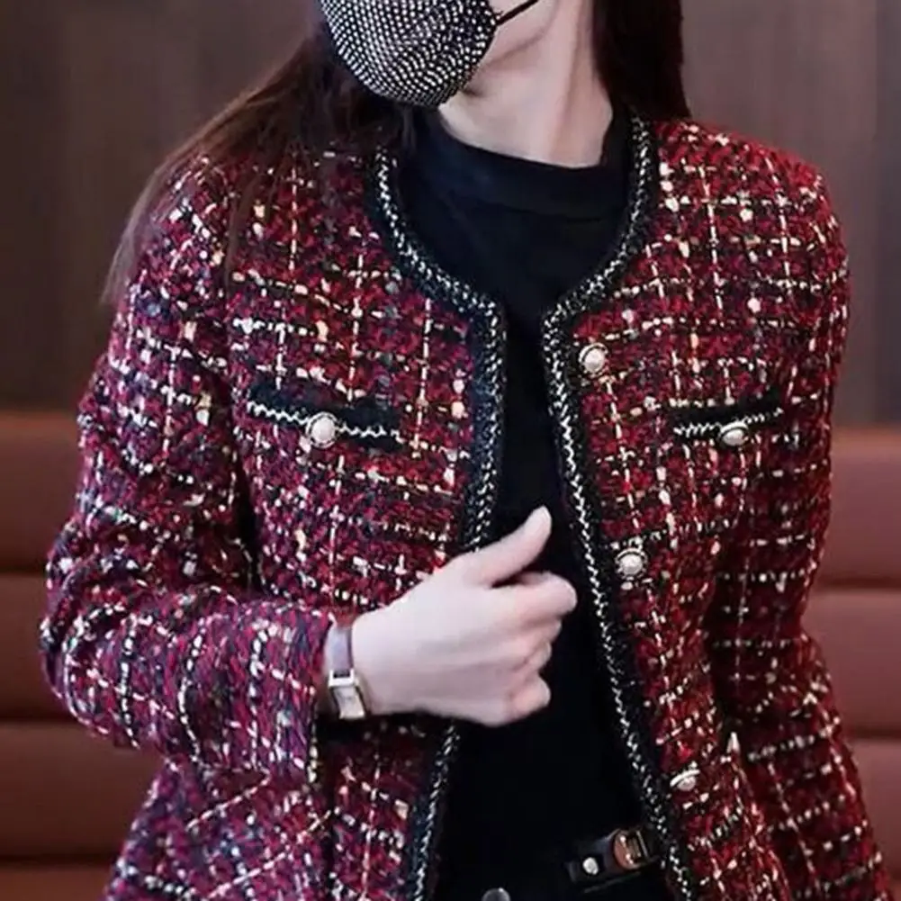 Women's Tweed Jacket Long Sleeve Button Down Cropped Blazer with Pockets Lattice Double Breasted Coat for Autumn Winter