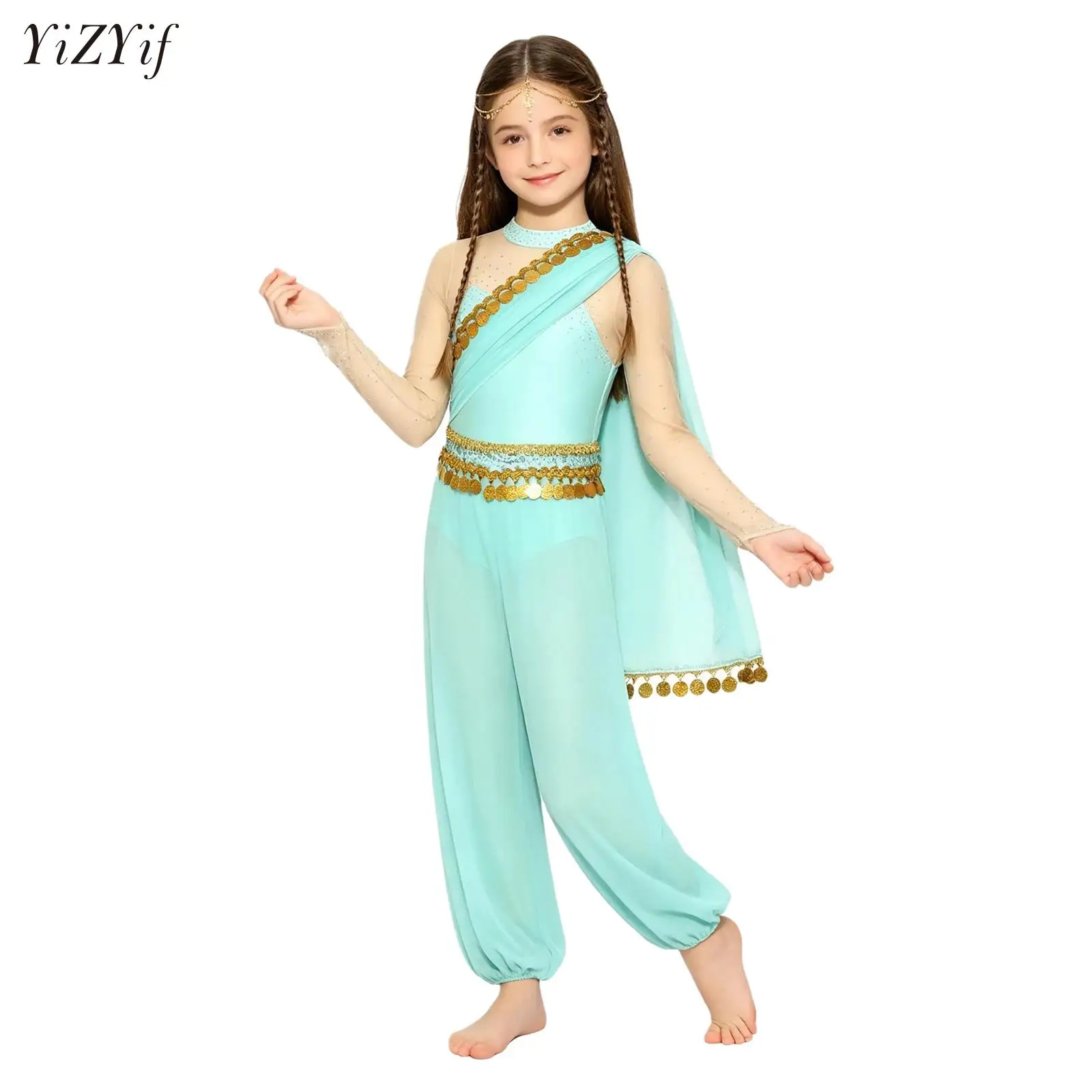 

Girls Arabian Princess Belly Dance Rompers Contrast Color Rhinestone Decor Sequin Tulle Overlay Jumpsuit for Halloween Carnival