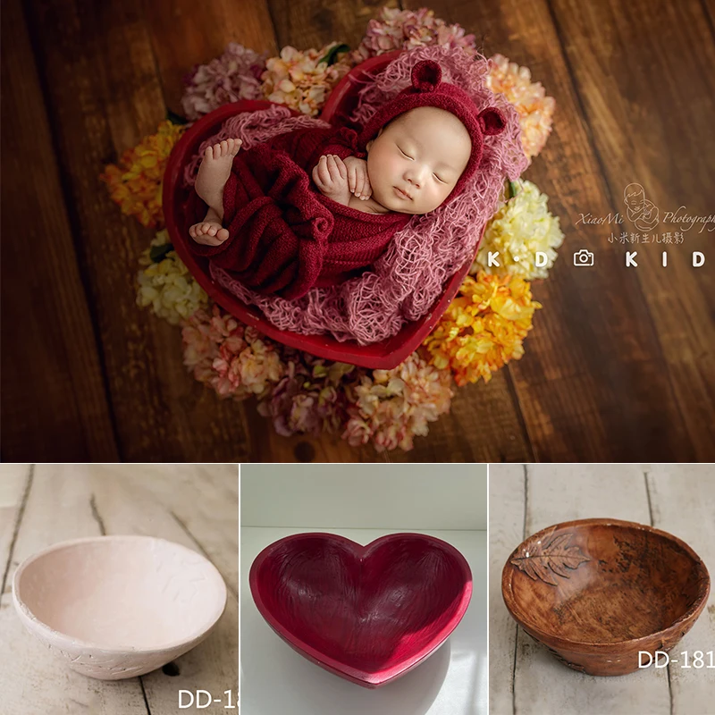 

Newborn Photography Props Vintage Wooden Basin 35*35*13cm Heart Shape Box Infant Photo Posing Shooting Accessories Bed Furniture
