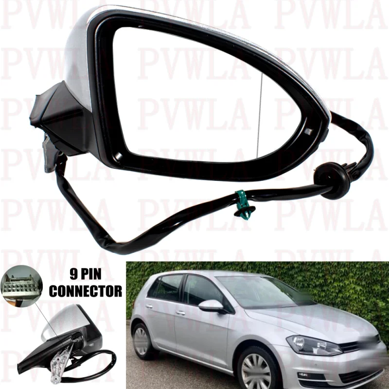 

For VW Golf 7 7.5 2013 2014 2015 2016 2017 2018 2019 Right Side 9 Pins Silvery Painted Heated Power adjust Power Fold Mirror