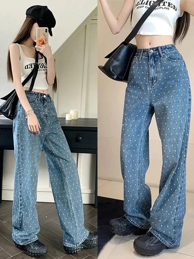 

Blue Polka Dot Wide Leg Pants Women's plus Size Conceal Hip Slim Straight Jeans And Pear Body ape Thin High Waist Denim