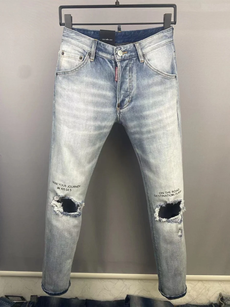 

2024 New Trendy D2 Jeans Men's Creative Hole Printing High Quali Slim Fit Bootcut Jeans Casual Youthful Sle Multi-ket