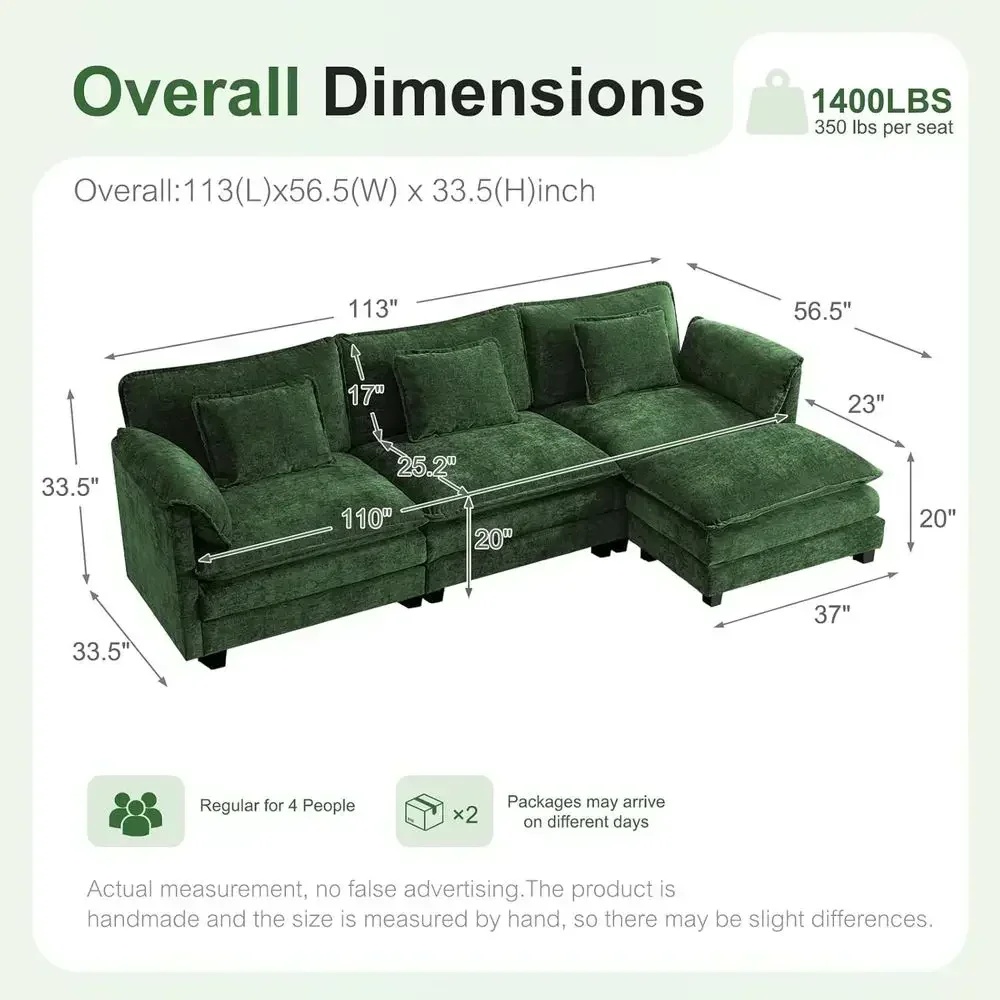Large 4-Seat L-Shaped Green Sectional Sofa with Deep Seats, Ottoman, and Pillows