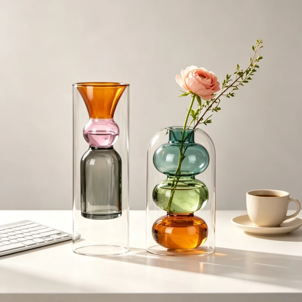 Double‑Layer Bubble Glass Flower Vase Modern Colorful Hydroponic Flower Arrangement Vase Home Decoration Accessories