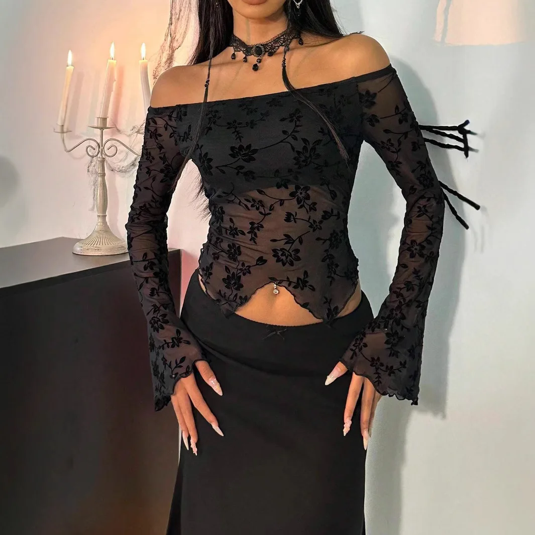 Women's Elegant Off Shoulder Slim Fit Versatile Flare Sleeve Sheer Crop Top Sexy Style Commute Breathable Irregular Hem T-Shirt