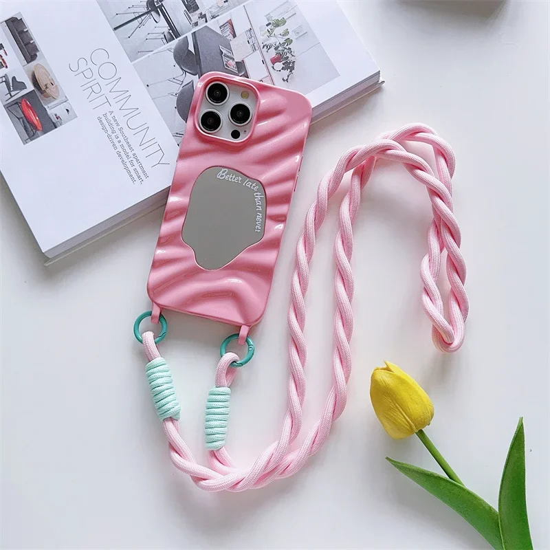 Mirror 3D Wave Crossbody Lanyard Case For iphone 16 15 14 11 12 13 Pro Max X XS XR SE 2 3 8 7 6S 6 Plus Silicone Soft Cover