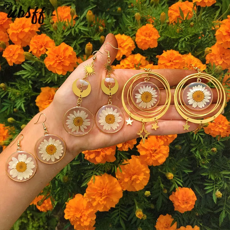 Gift for Her New Real Pressed Daisy Flowers Golden Brass Earrings Hypoallergenic