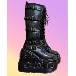 Black Rivets Buckle Belts Mid Calf Boots Thick Soled Cross Tied Lace-up Wedges High Heel Women Shoes 2024 Autumn Para Mujere