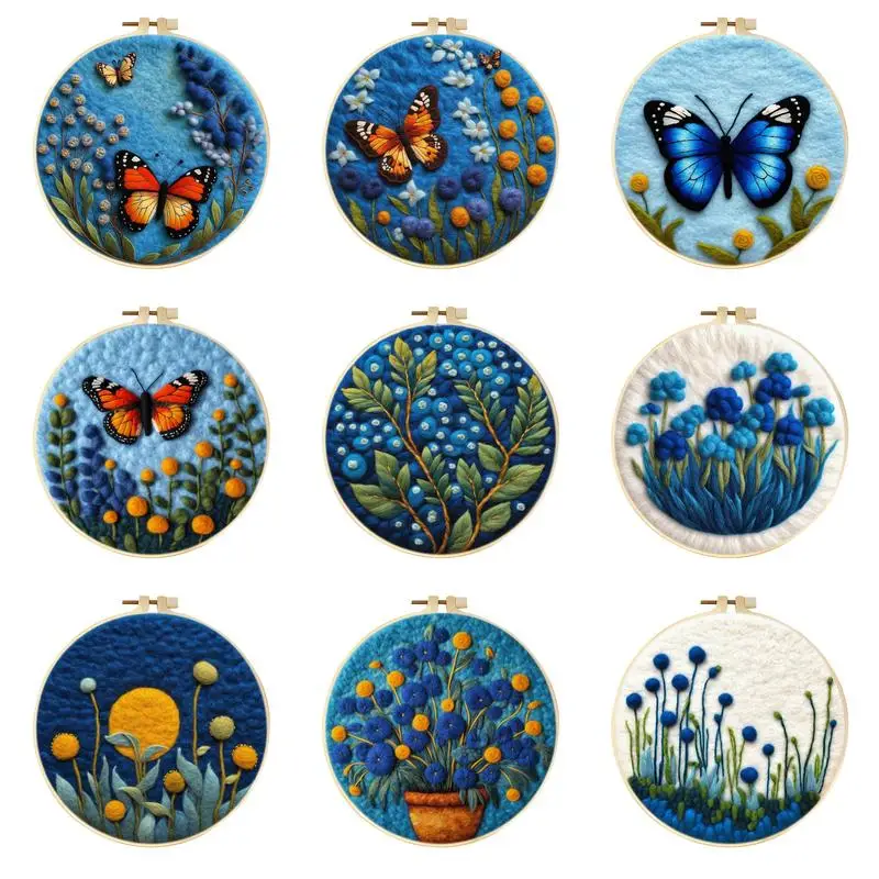 CHENISTORY Wool Felting Painting Butterfly Diy Wool Embroidery Kit Funny Wool Needle Felt Picture Blue Flower Kit Craft For Mom