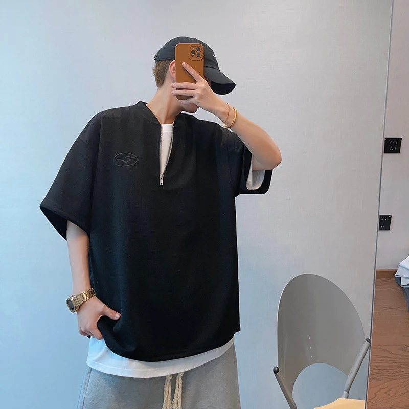 Plus Size Men Baseball Collar Half Zip Short Sleeve T-Shirt Spring Summer Loose Oversized Tee Fat Guy Casual Streetwear Tops