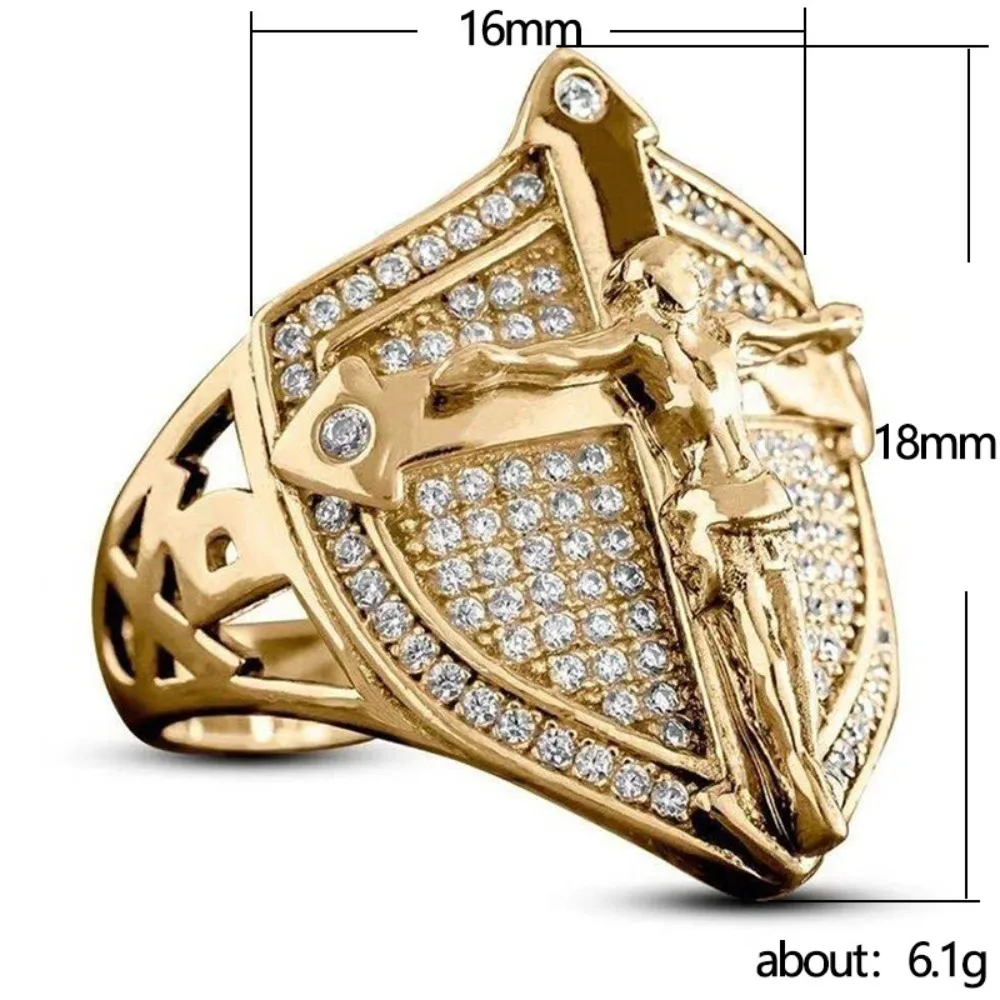 Personality Luxury Sparkle Full-inlay Zircon Gold Color Shield Human Figure Statue Cross Rings Men Women's Hip-hop Trend Jewelry