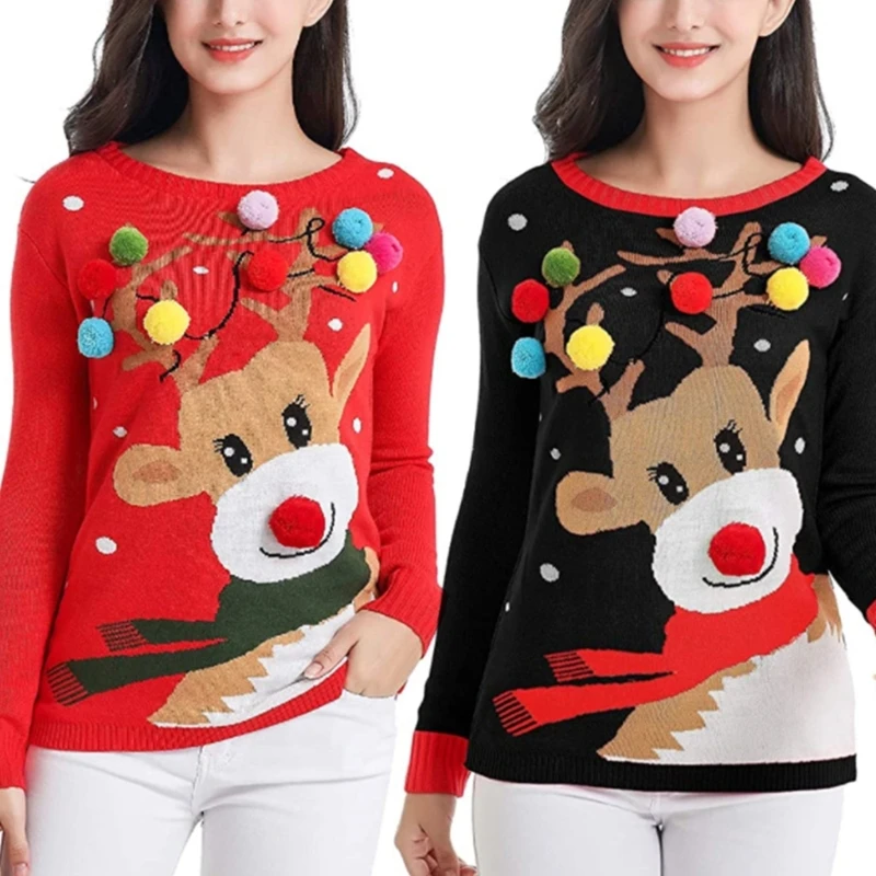 Women Colorful Plush Cartoon Reindeer Print Holiday Christmas Sweater Dropship