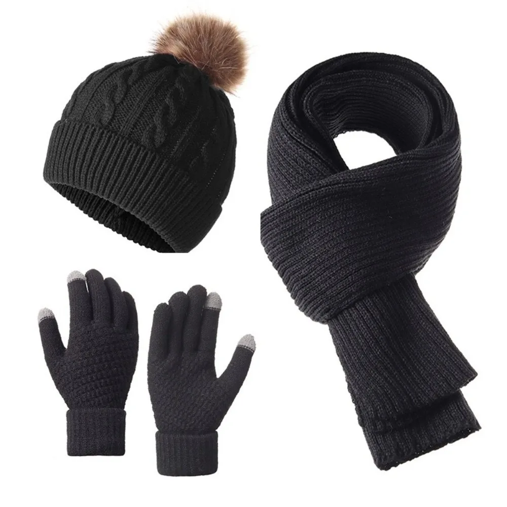3Pcs/Set Warm Winter Hat Scarf Gloves Set Thicken Soft Knit Beanie Snood Set Windproof Elastic Touchscreen Gloves for Men Women