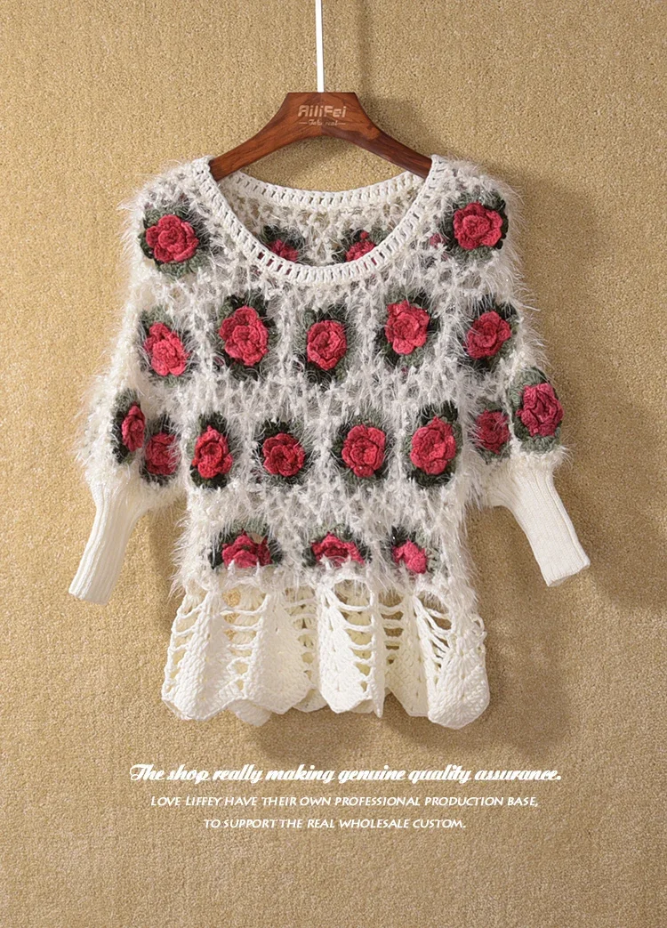 Short Sleeve 3D Rose Flower Mohair Sweaters Women Hollow Out Crocheted Sweaters Lady Short Sleeve Flower Flower Sweater