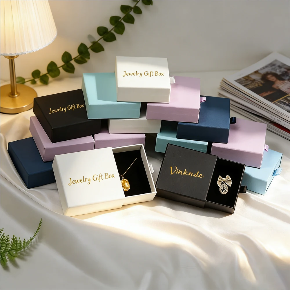 

50Pcs/Lot Custom Logo Jewelry Drawer Box Rings Earrings Necklace Pendant Bracelet Brooch Cardboard Gift Boxes for Mom Packaging