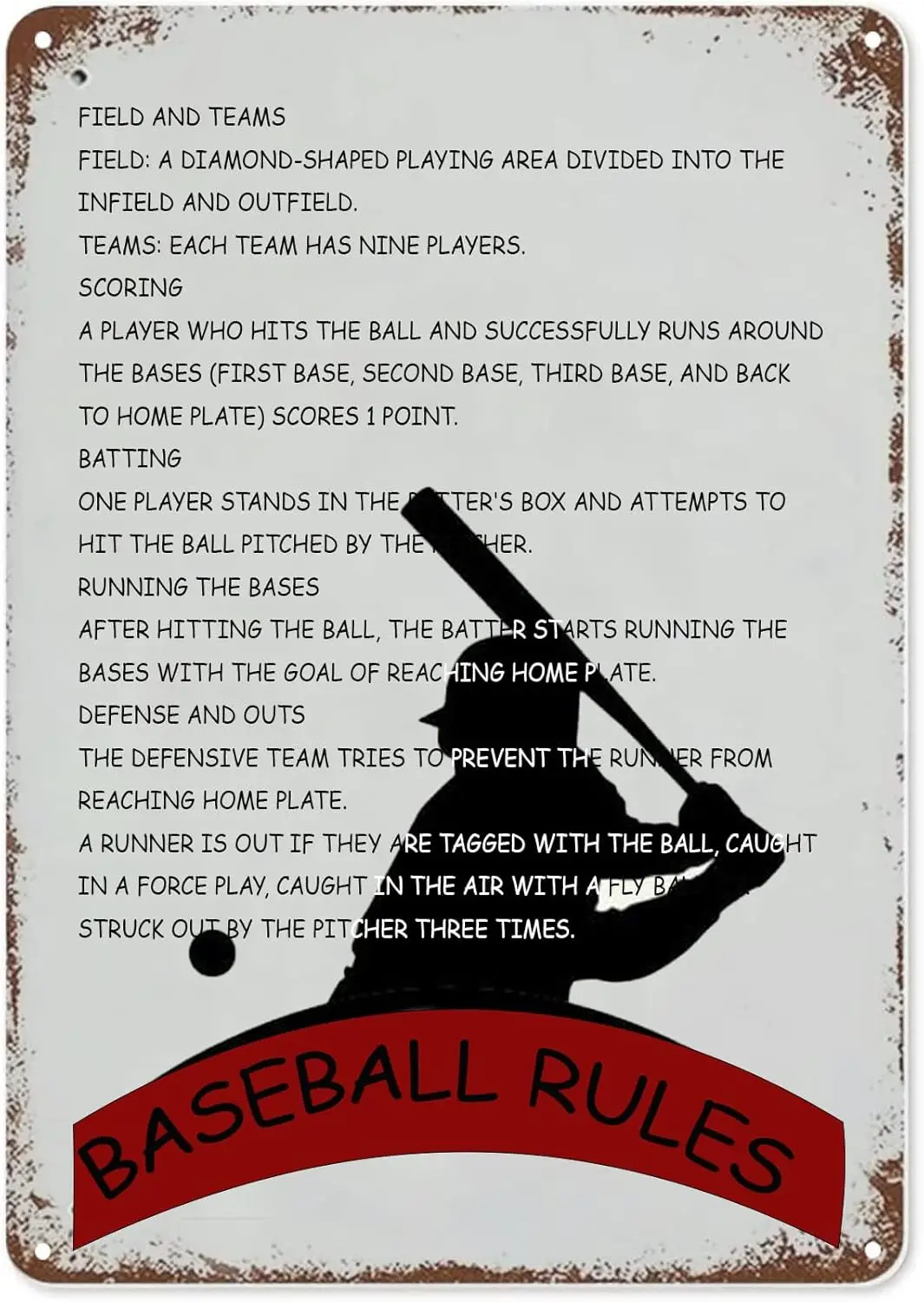 HQVLNAWX Baseball Rules Retro Tin Sign Scoring Rules Poster Wall Decor Baseball Rules Tin Painting For Bar Pub Kitchen Home Gara