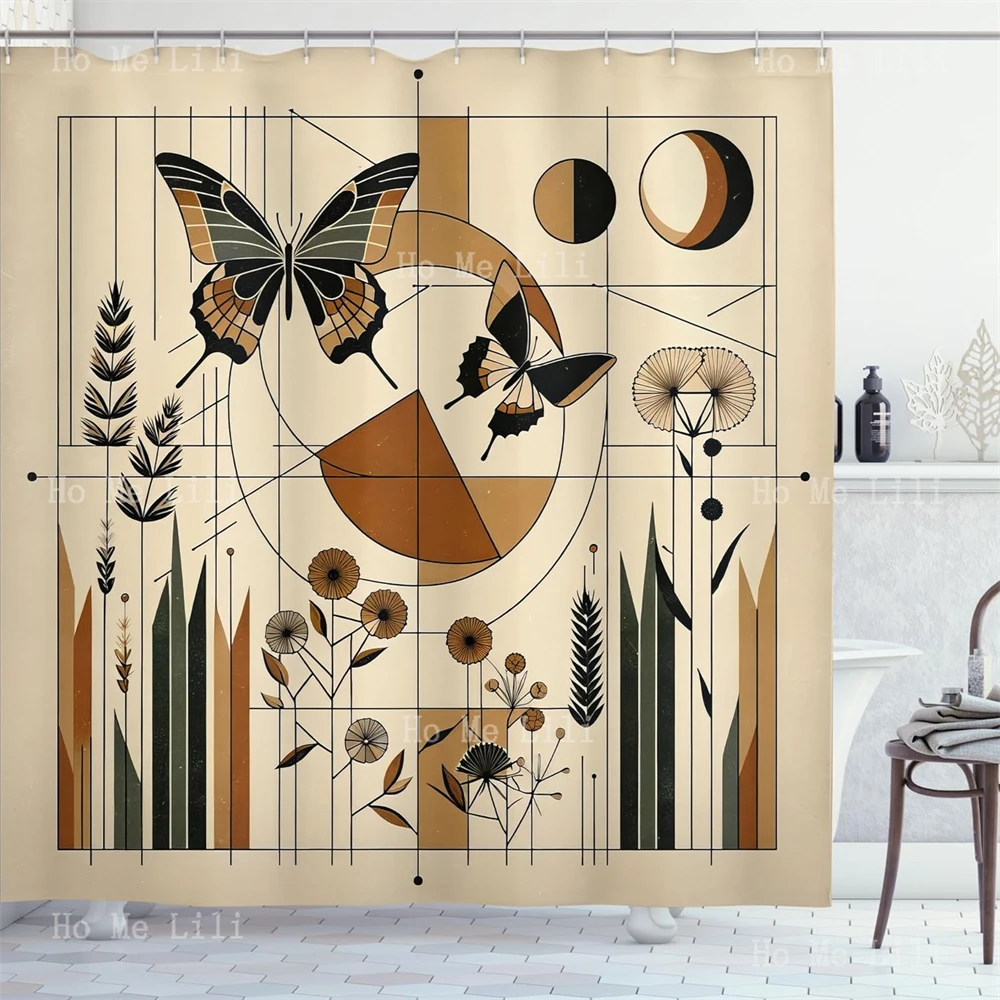 Esoteric Wingy Moth Geometric Wilderness Rounds And Lines Mid Century Modern Shower Curtain Bathroom Decor