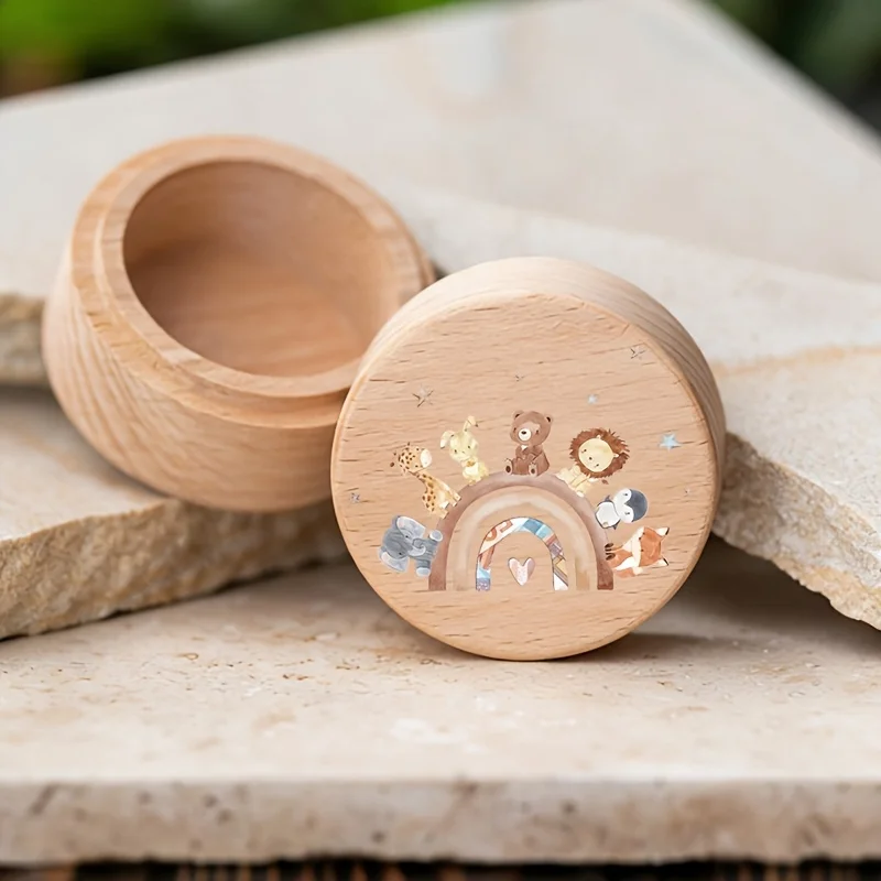 1PCS Wooden Tooth Fairy Box Animals Rainbows Pattern 2D Design Preserving Umbilical Cords Fetal Hair Teeth Hospital Tags Gift