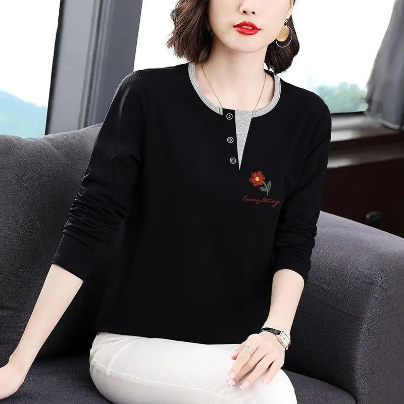 Slimming Effect Pure Cotton Long Sleeve Women's T-shirt Loose Fit Base Shirt Versatile Age-Defying Top Casual Style Spring