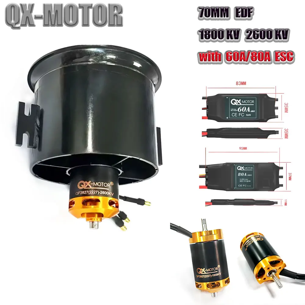 QX-MOTOR 70mm EDF Ducted Fan 12 Blades Brushless Motor 1800KV 2600KV With 60A 80A ESC For RC Jet Airplane Model Parts