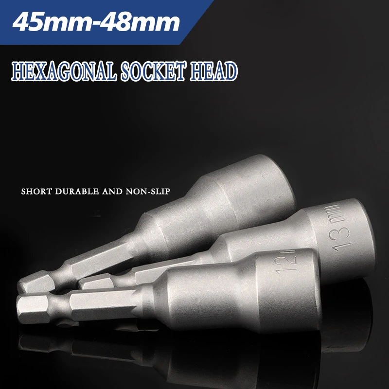 45mm-48mm Magnetic/non-magnetic Impact Hexagon Socket 7mm-13mm Round Shank Nut Socket Electric Screwdriver Bit Adapter Socket