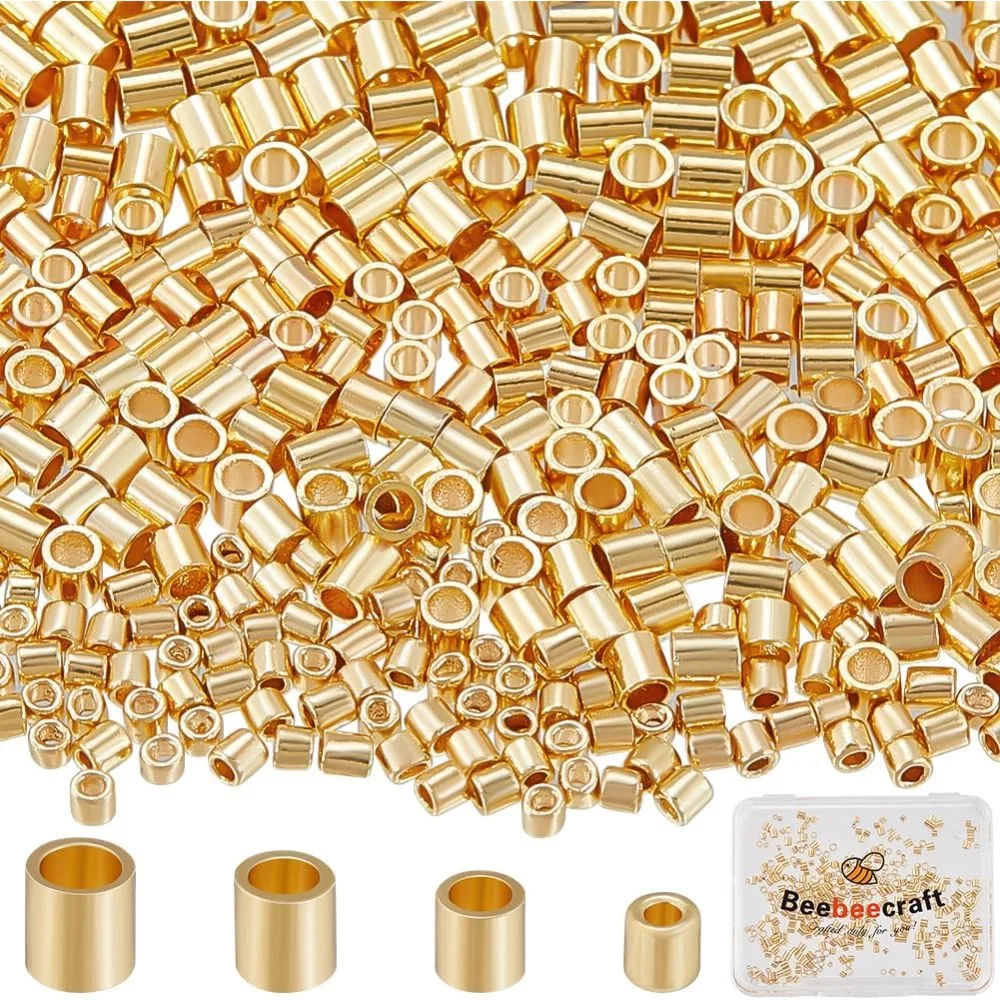 

400Pcs 1.3/1.5/1.8/2mm 14K Filled Tube Loose Beads Brass Crimp Beads Positioning Column Spacer Beads with Storage Box for DIY
