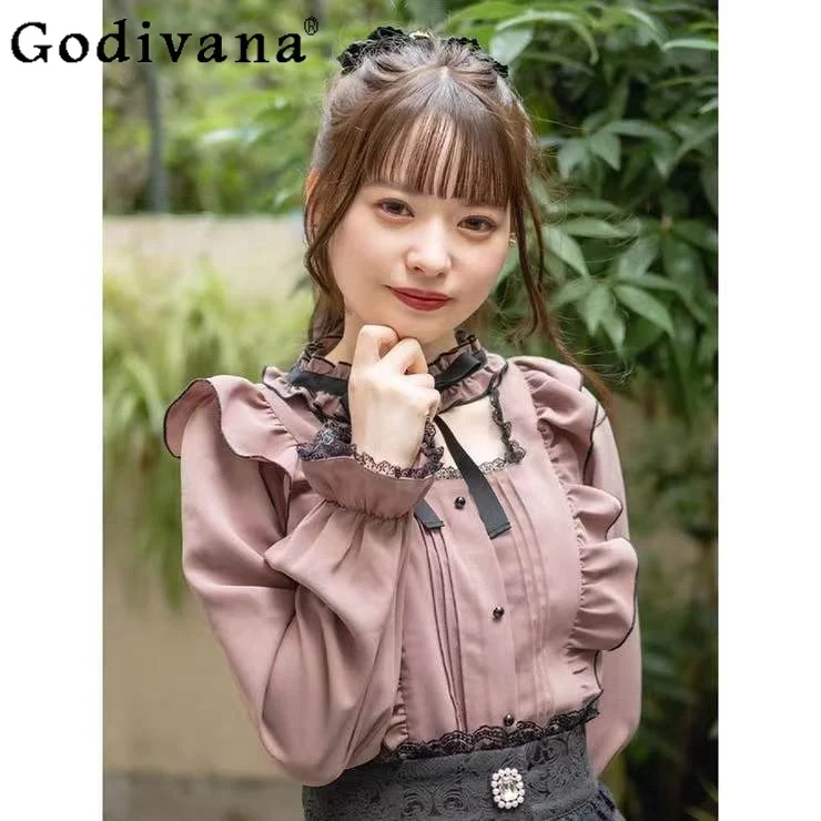 

Autumn Fashion Elegant Loose Casual Long-sleeved Top Girl Japanese Sweet Cute Long Sleeve Bow Pink Shirts Office Lady Blouses