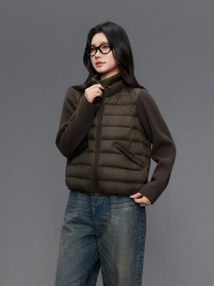 Winter Knit Sleeve Splicing Down Jacket Female Warm Thick Cold Proof Jacket Women White Duck Down Stand Collar Zipper Outwears
